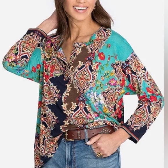 Johnny Was Indi Flower 3/4 Sleeve Henley Shirt Top Floral Paisley Blouse M - Picture 3 of 8